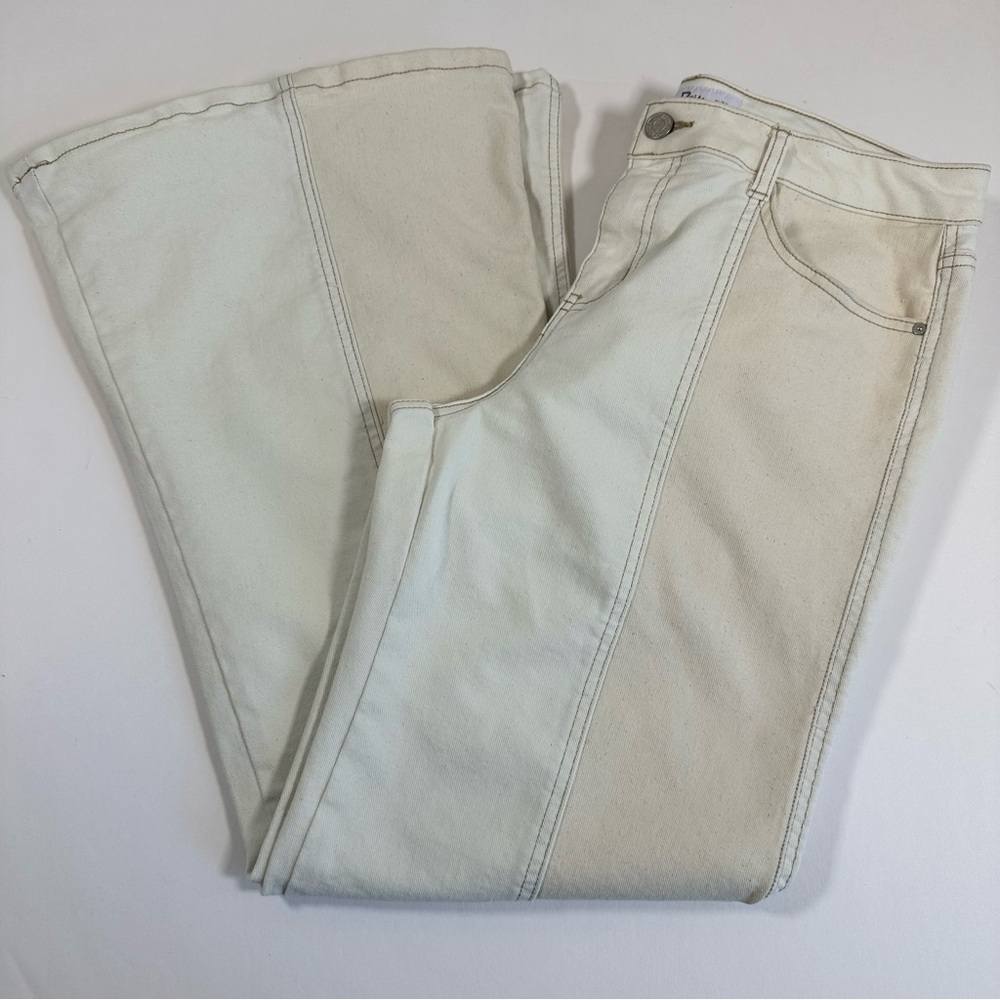 Indigo Rein Juniors 15 Flared Jeans Two-Tone Cream Beige Panel Stretch Y2K